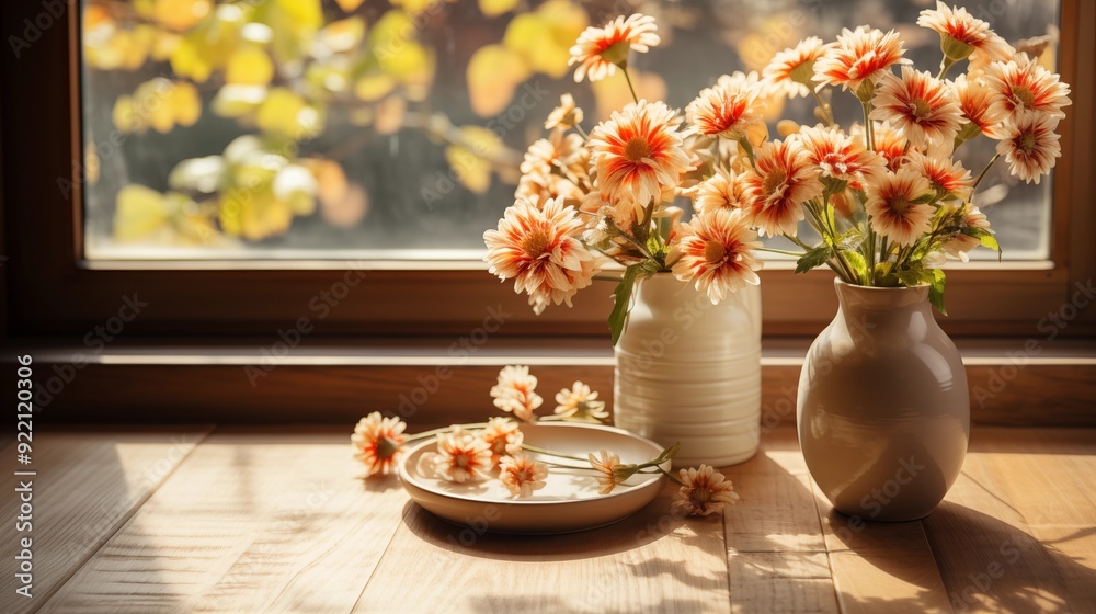 Empty wooden table with vase of wildflowers on the windowsill. Empty wooden table with vase of wildflowers on the windowsill.