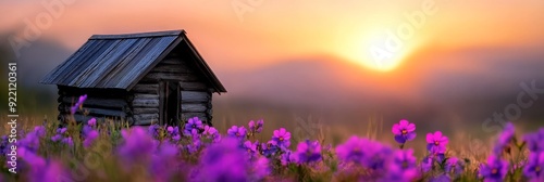 A Small Rustic Hut Among Vibrant Purple Flowers in Australian Outback at Sunrise
