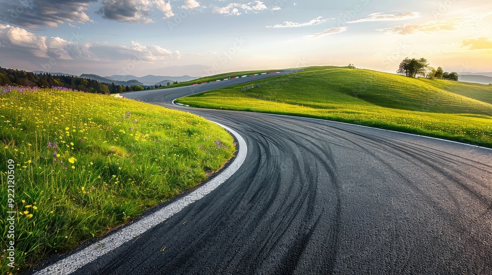 Naklejka premium A racetrack bordered by vibrant green grass and blooming wildflowers, contrasting with the smooth asphalt lanes
