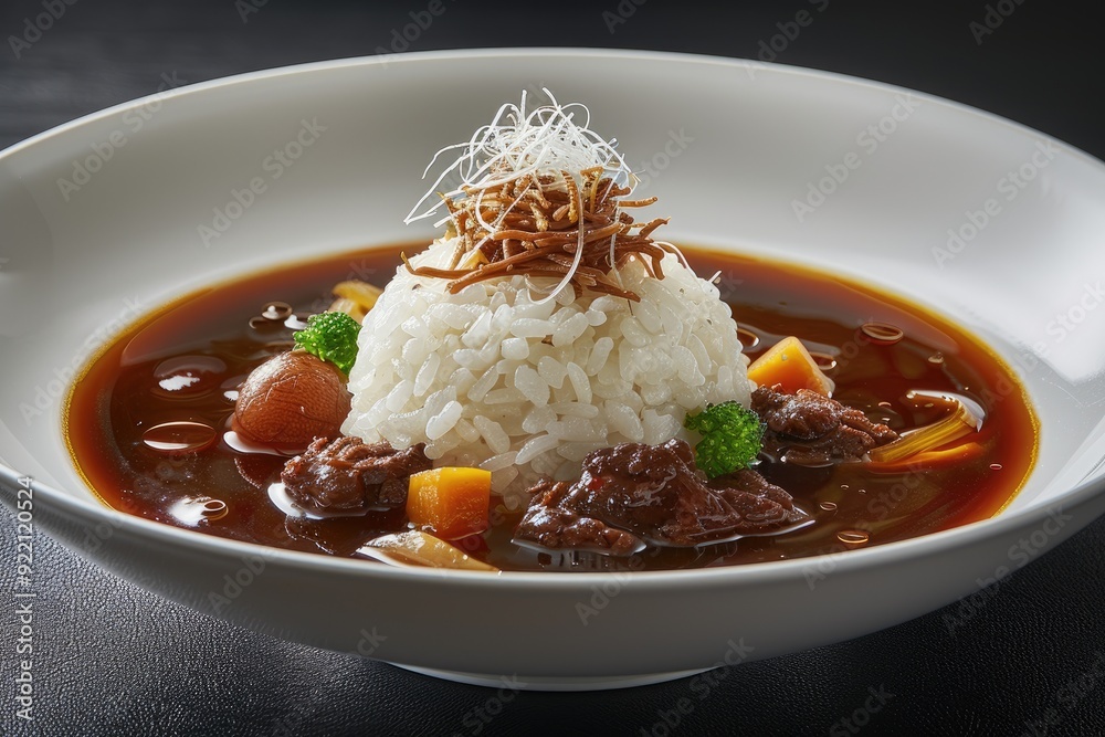 White Rice with Beef, Vegetables, and Broth in a White Bowl White Rice with Beef, Vegetables, and Broth in a White Bowl