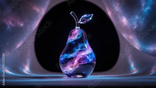 Mesmerizing glass pear with cosmic nebula in futuristic abstract setting