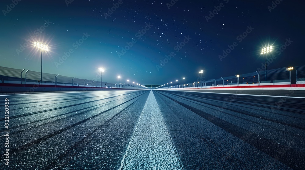 A racetrack under the clear night sky, illuminated by bright floodlights and casting long shadows across the surface A racetrack under the clear night sky, illuminated by bright floodlights and casting long shadows across the surface