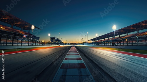 A racetrack under the clear night sky, illuminated by bright floodlights and casting long shadows across the surface