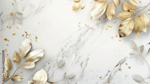Elegant gold leaves on a white marble background. Framed for luxury, it is perfect for invitations, cards, or trendy seasonal designs. A bright and natural touch of sophistication.