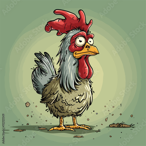 Cartoon chicken looking surprised with wide eyes.
