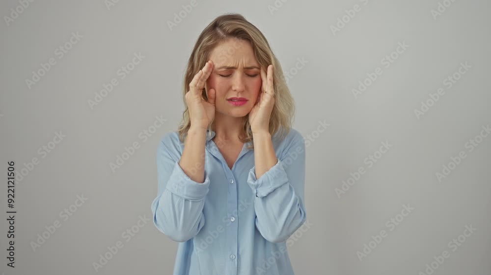 Stressed young blonde woman clutching her head in pain, suffering a migraine, standing isolated on white background Stressed young blonde woman clutching her head in pain, suffering a migraine, standing isolated on white background