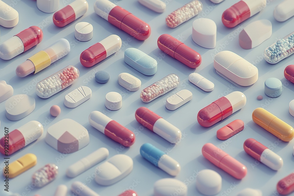 A textured pattern of assorted pills and capsules on a soft matte background representing the tactile and sensory experience of handling medication in everyday healthcare practices A textured pattern of assorted pills and capsules on a soft matte background representing the tactile and sensory experience of handling medication in everyday healthcare practices