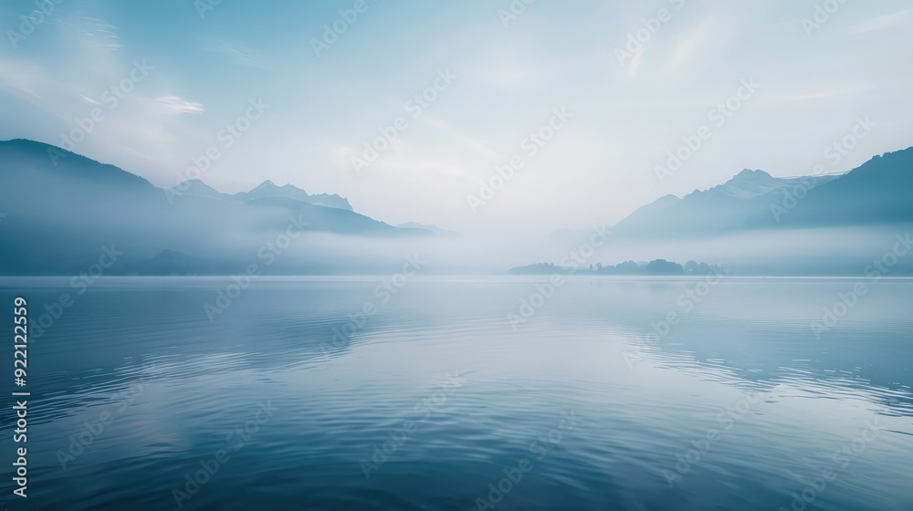 A serene lake background with mist rising from the water's surface and mountains in the distance, evoking tranquility A serene lake background with mist rising from the water's surface and mountains in the distance, evoking tranquility