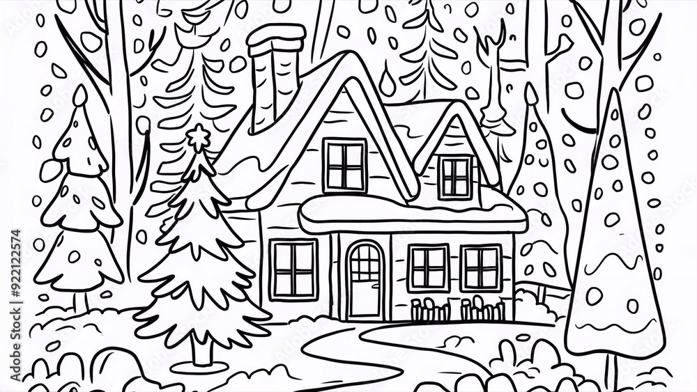 Fototapeta premium Coloring page with a house in a winter forest with a Christmas tree