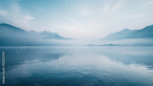 A serene lake background with mist rising from the water's surface and mountains in the distance, evoking tranquility