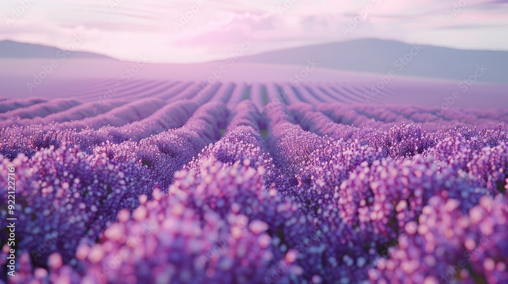 Obraz premium A serene lavender field background with rows of blooming flowers under a soft morning light, offering tranquility