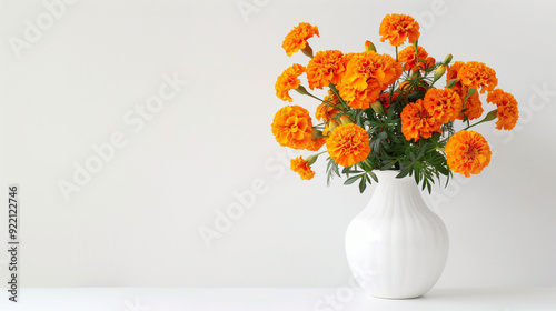 Wallpaper Mural Marigolds in Bloom: A white vase brimming with vibrant orange marigolds graces a minimalist setting, offering a burst of color and life. Torontodigital.ca