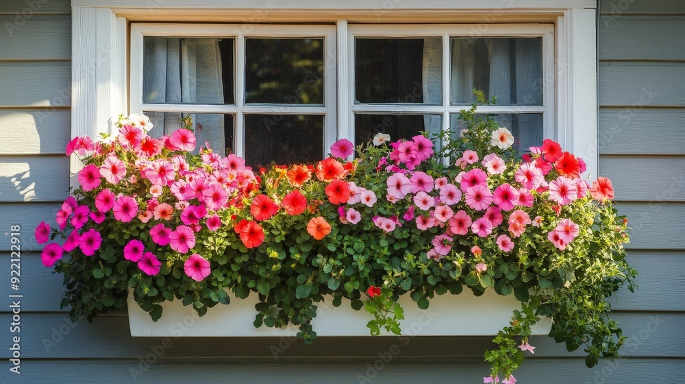 A cozy window box overflowing with a variety of flowers, such as petunias, geraniums, and impatiens. The flowers add a burst of color to the exterior of a quaint cottage, enhancing its charm A cozy window box overflowing with a variety of flowers, such as petunias, geraniums, and impatiens. The flowers add a burst of color to the exterior of a quaint cottage, enhancing its charm