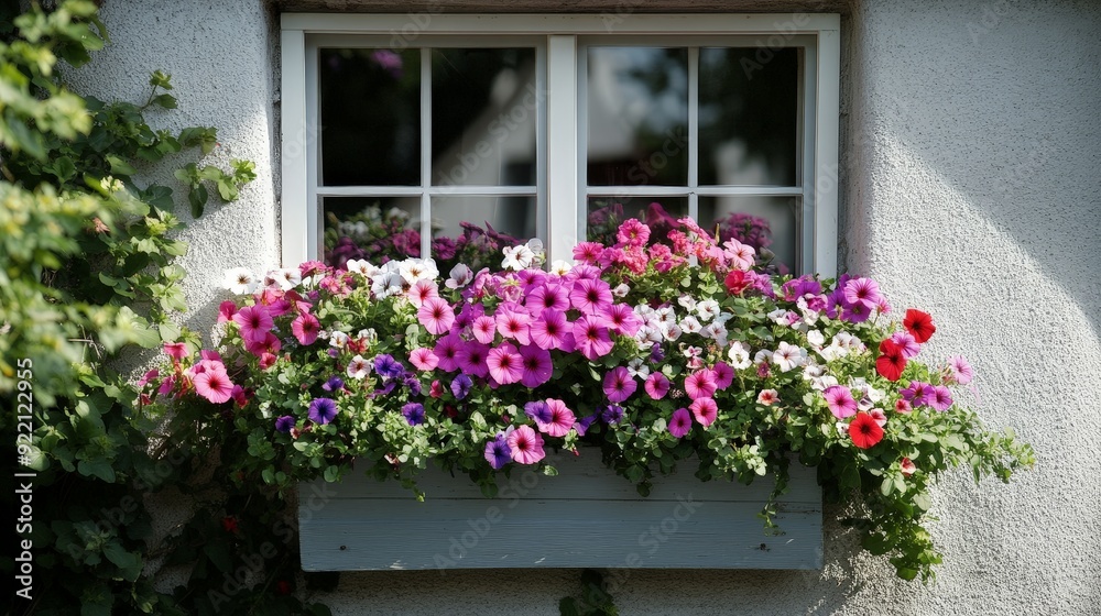 A cozy window box overflowing with a variety of flowers, such as petunias, geraniums, and impatiens. The flowers add a burst of color to the exterior of a quaint cottage, enhancing its charm A cozy window box overflowing with a variety of flowers, such as petunias, geraniums, and impatiens. The flowers add a burst of color to the exterior of a quaint cottage, enhancing its charm