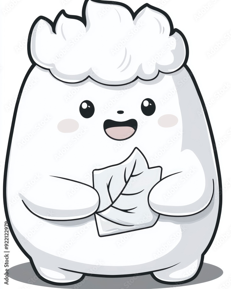 Cute White Cartoon Character Holding a Leaf Cute White Cartoon Character Holding a Leaf