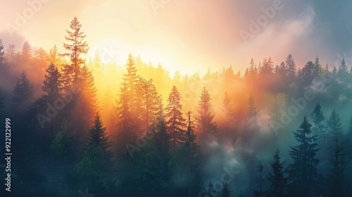 A serene sunrise over a foggy forest, with rays of light streaming through the trees and illuminating the landscape