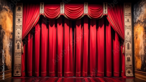 Red Theater Curtains on a Vintage Stage with Ornate Details