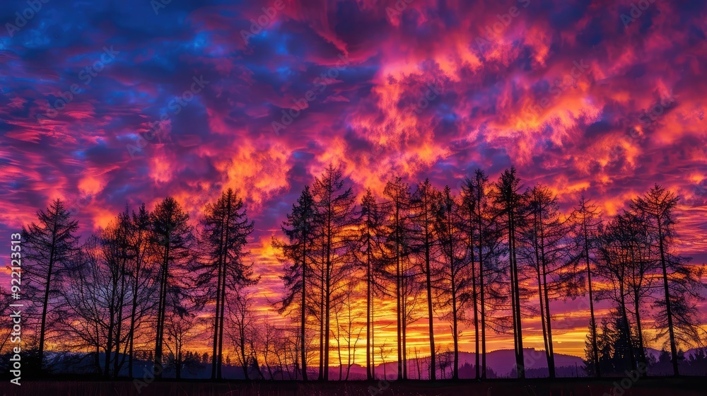 A silhouette of trees against a fiery sunset sky, with hues of orange, pink, and purple blending beautifully A silhouette of trees against a fiery sunset sky, with hues of orange, pink, and purple blending beautifully
