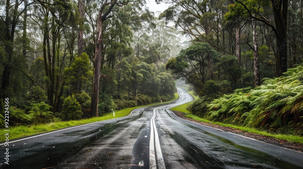 A straight section of racetrack with clear white lines, disappearing into a lush forest, inviting exploration and speed