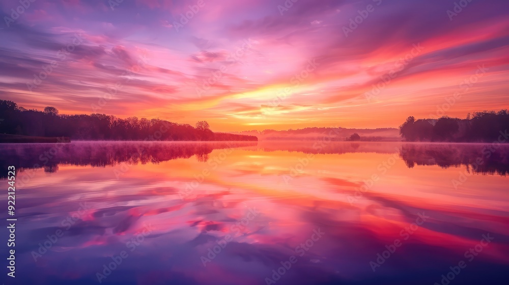 Obraz premium A stunning sunrise over a serene lake, with the sky painted in shades of pink, orange, and purple