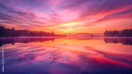 A stunning sunrise over a serene lake, with the sky painted in shades of pink, orange, and purple