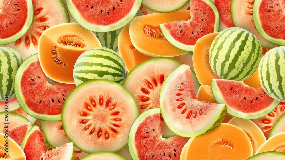Colorful seamless pattern of sliced watermelon, cantaloupe, and honeydew melons. Colorful seamless pattern of sliced watermelon, cantaloupe, and honeydew melons.