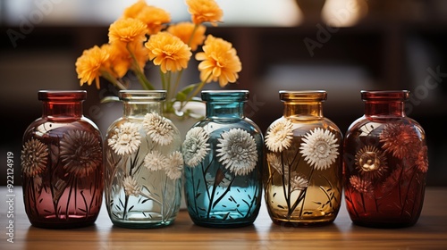 four flowerfilled vases are displayed on a table, showcasing a beautiful combination of pottery. photo