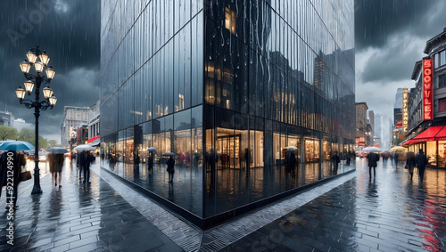 Modern glass building corner in rainy urban street with blurred pedestrians under umbrellas