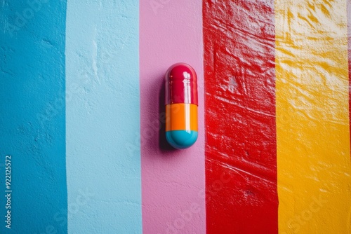 A single red and blue capsule embedded in a multicolored wall symbolizing the integration of pharmaceuticals into everyday life and the ubiquitous nature of modern healthcare solutions photo