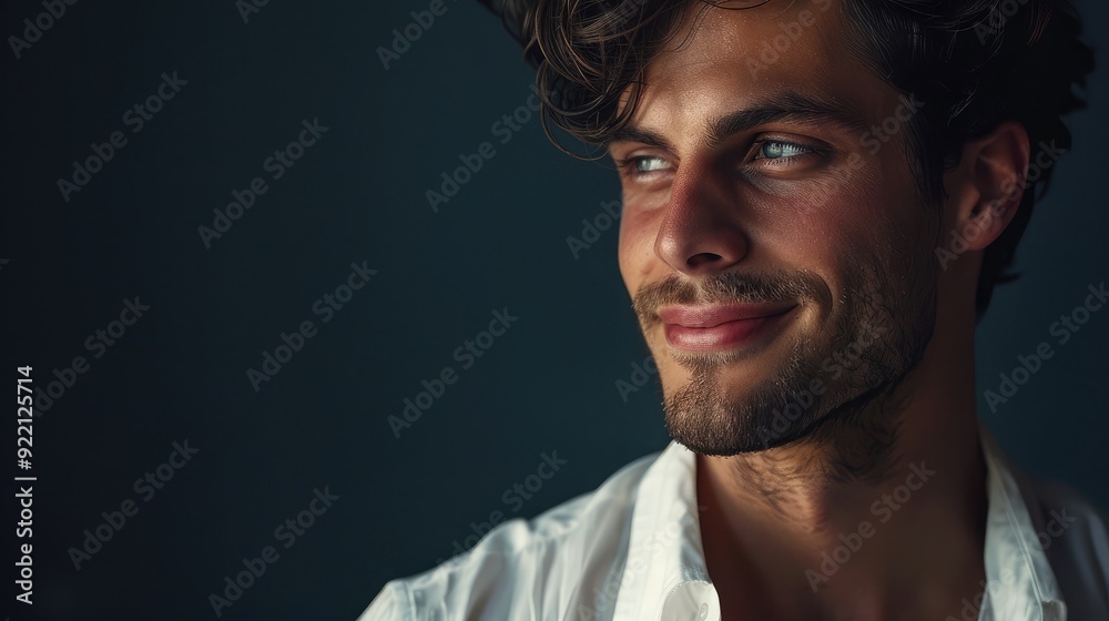 Elegant man with a glowing complexion, smiling softly. Blank space on the right for text or logos. Elegant man with a glowing complexion, smiling softly. Blank space on the right for text or logos.