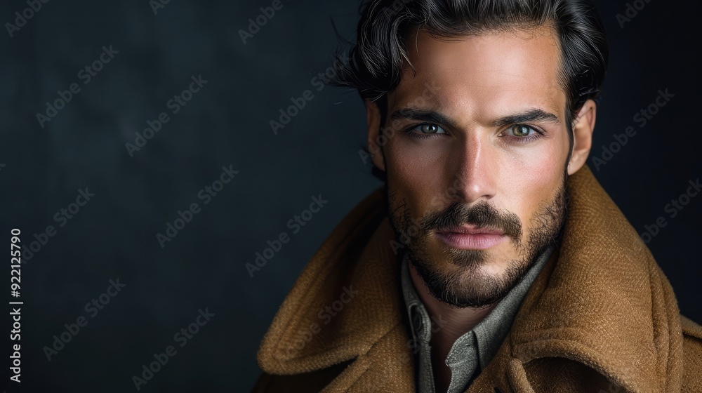 Fototapeta premium Elegant man with a serene expression, exuding charm. Ample copy space on the right side.