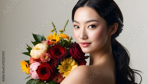 Young Asian woman with vibrant bouquet in soft studio lighting