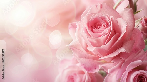 Elegant pink rose in full bloom, with soft focus background and copy space on the right.