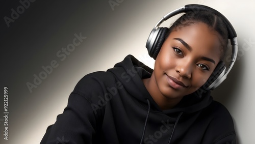 Young black woman with headphones relaxing in casual black hoodie