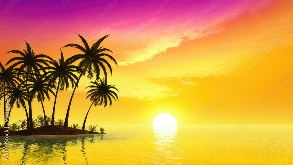 Naklejka premium A breathtaking tropical sunset over a serene ocean, with silhouetted palm trees framing the vibrant sky in shades of orange and pink, creating a perfect paradise