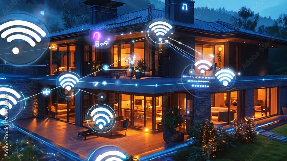 A contemporary home illuminated at dusk, showcasing Wi-Fi signals connecting devices in a vibrant outdoor setting.