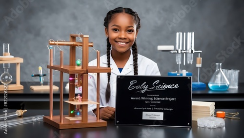 Young black girl in lab coat showcasing award-winning science project in modern laboratory setting