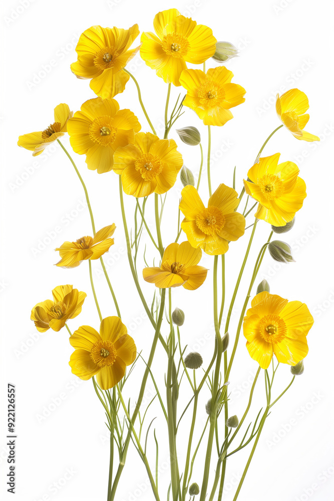 Fototapeta premium Golden Poppies on White: Five vibrant yellow poppies bloom and bud against a clean white backdrop, offering a cheerful symbol of spring. 