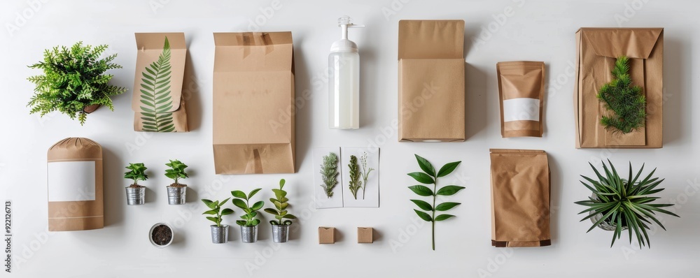 Minimalist arrangement of various packaged items on white background Minimalist arrangement of various packaged items on white background