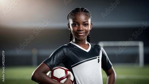 Confident young black girl soccer player holding ball on professional field