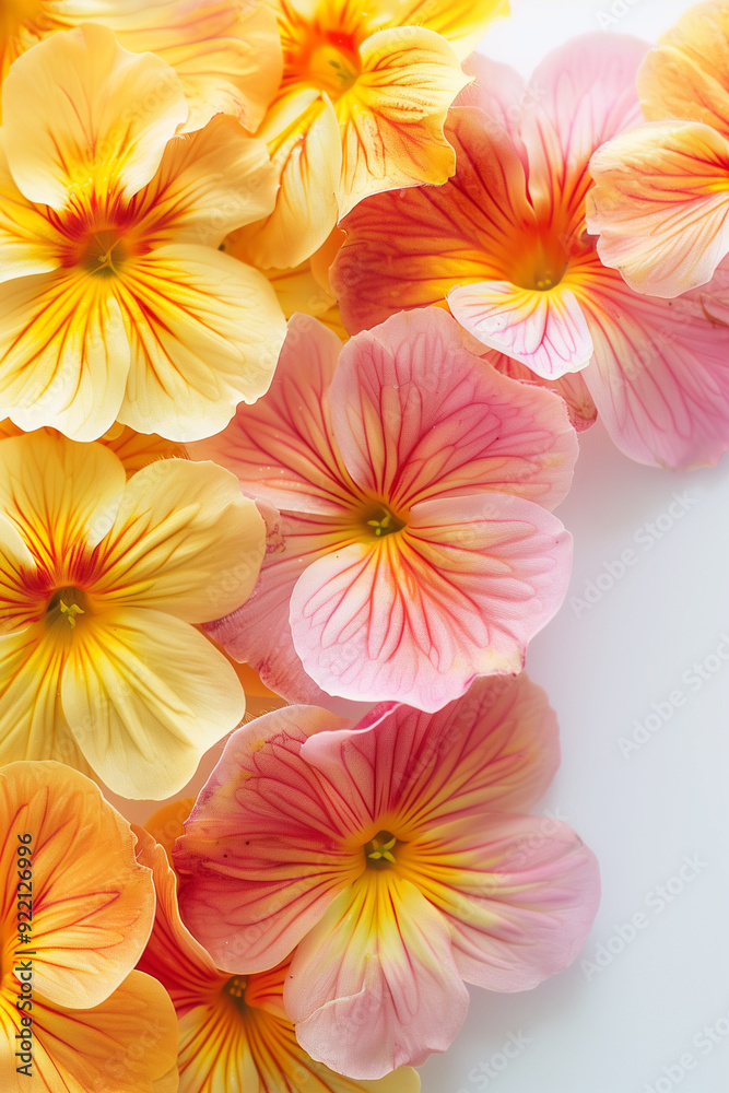 Fototapeta premium Pastel Petals: A symphony of pink and yellow primroses bloom gracefully, their delicate petals forming a vibrant floral arrangement. 