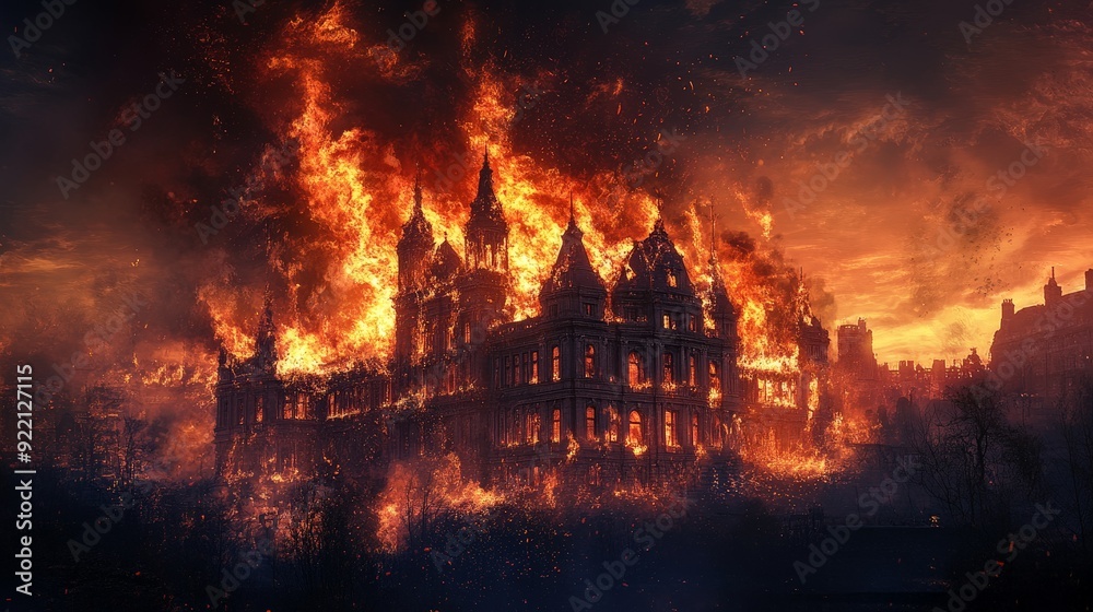 A dramatic image of a large building engulfed in flames. The fire spreads rapidly, with intense orange and red flames contrasting against the dark smoke billowing into the night sky. A dramatic image of a large building engulfed in flames. The fire spreads rapidly, with intense orange and red flames contrasting against the dark smoke billowing into the night sky.