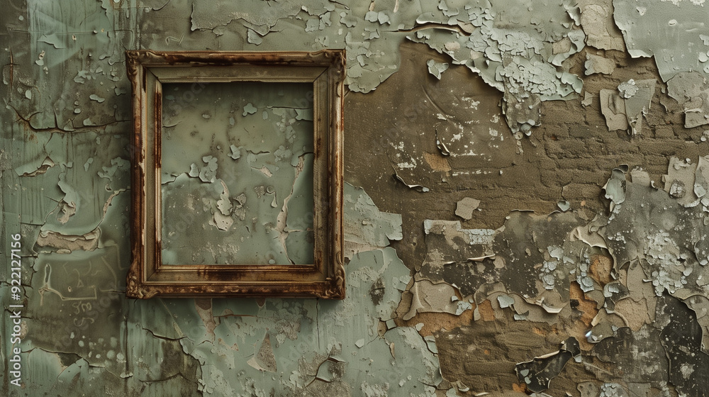 Naklejka premium Empty Frame on Weathered Wall: A vintage, ornately carved wooden picture frame hangs against a textured background of peeling paint, evoking a sense of nostalgia and timelessness. 