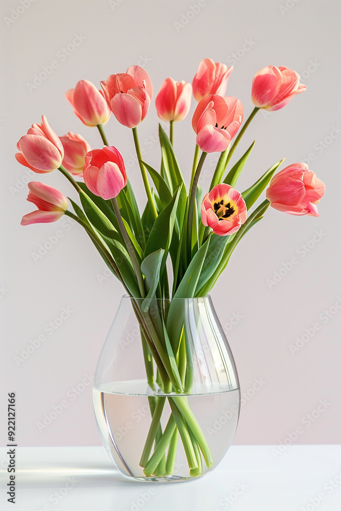 Fototapeta premium Pink Tulips in a Glass Vase: A delicate bouquet of pink tulips in a clear glass vase, arranged against a soft, neutral backdrop, evokes a sense of tranquility and elegance. 