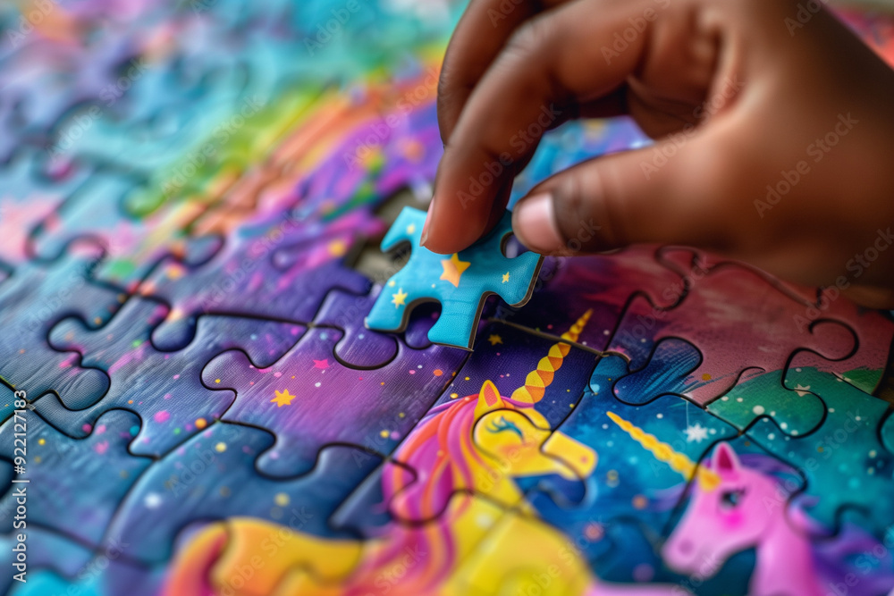 The hand of a child fitting a piece into a colorful unicorn puzzle. Creative learning and educational games for kids. The hand of a child fitting a piece into a colorful unicorn puzzle. Creative learning and educational games for kids.