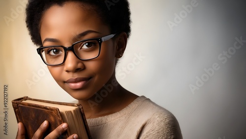 Young black woman with glasses holding a vintage book, soft lighting in a cozy setting