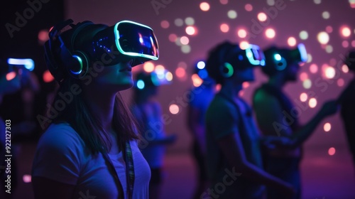 Attendees immerse themselves in virtual reality, wearing glowing headsets while colorful lights illuminate the surroundings.