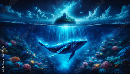 An illustration of a majestic blue whale swimming gracefully with a fantastical underwater scene