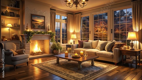 Cozy living room at night with warm glow emanating from windows, tenderly illuminating a family's cherished moments and furnishings in soft, golden light.