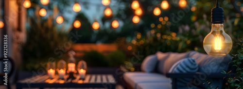 Evening patio, backyard with wooden terrace, with glowing garlands, lightbulb, furniture. Luxury penthouse. Outdoor leisure, vacation. Generative ai